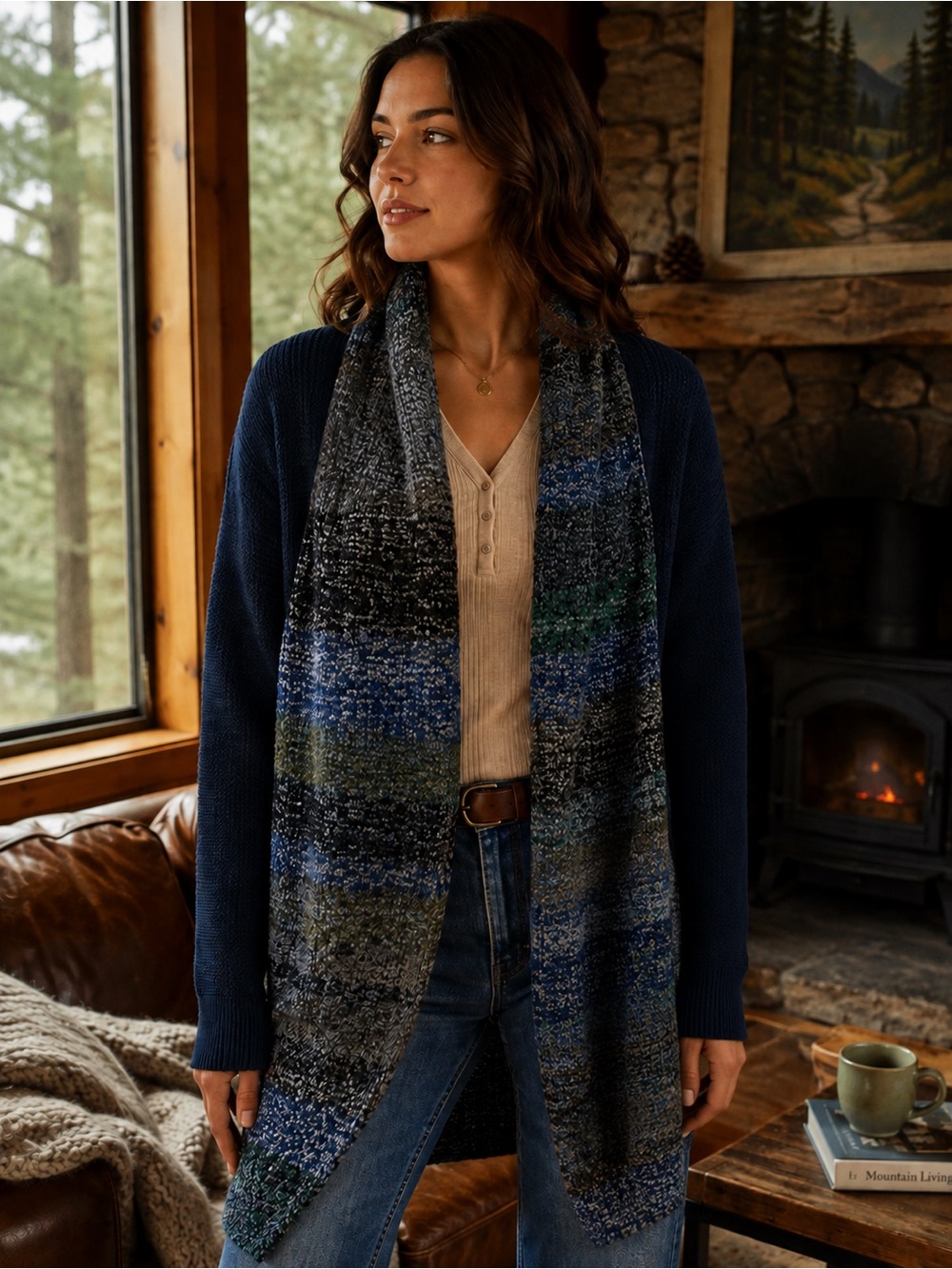 Coldwater Creek Open Front Blue Colorblock Knit Cardigan Cabincore